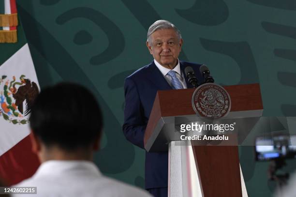Mexican President Andres Manuel Lopez Obrador, also known as AMLO, visits and holds a press conference in Tijuana, Baja California, Mexico on Friday,...