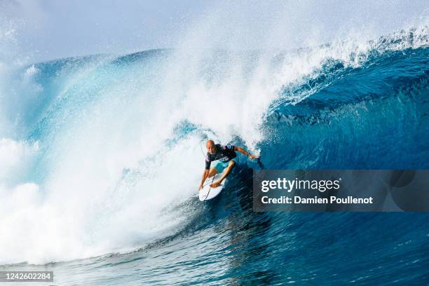 Eleven-time WSL Champion Kelly Slater of the United States surfs in Heat 2 of the Quarterfinals at the Outerknown Tahiti Pro on August 19, 2022 at...