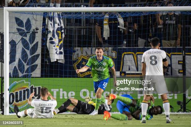 Jordan Morris of Seattle Sounders celebrates his goal during the match against Los Angeles Galaxy at the Dignity Health Sports Park on August 19,...