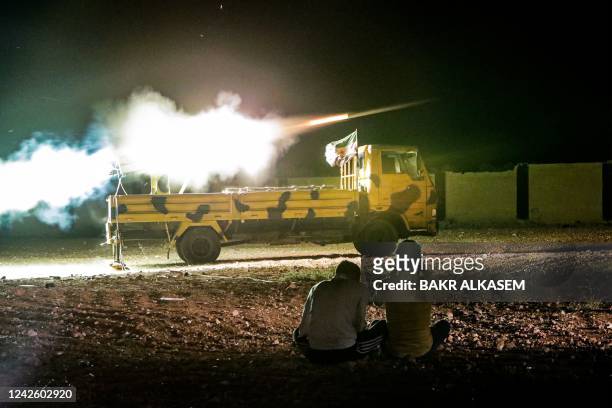 Long-range grad rocket is launched by Turkish-backed Syrian fighters, reportedly targeting Kuweires military airfield and other points along the...