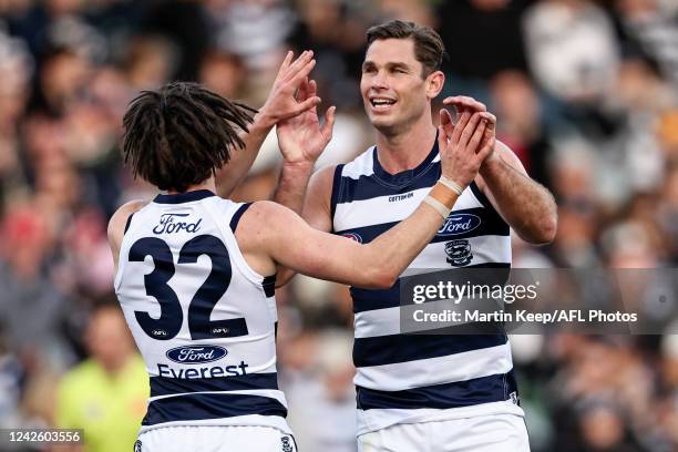 Tom Hawkins of the Cats celebrates a goal during the round 23 AFL match between the Geelong Cats and the West Coast Eagles at GMHBA Stadium on August...