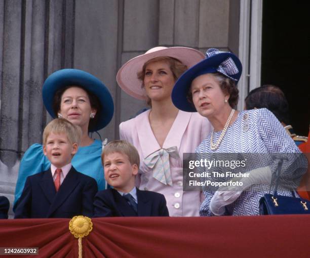 Queen Elizabeth II, Princess Diana , Princess Margaret , Prince Harry and Prince William on the balcony of Buckingham Palace during the Trooping the...