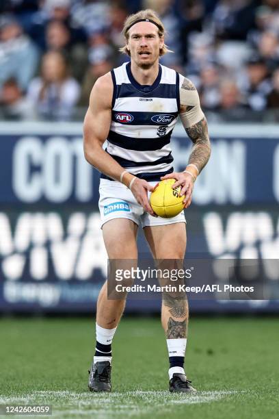 Tom Stewart of the Cats looks for a target during the round 23 AFL match between the Geelong Cats and the West Coast Eagles at GMHBA Stadium on...