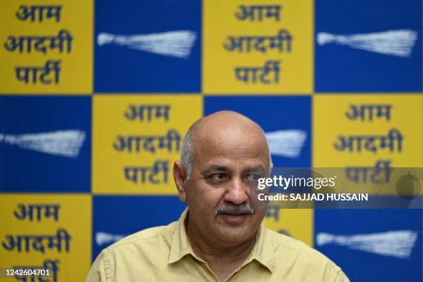 Delhi Deputy Chief Minister Manish Sisodia speaks during a press conference in New Delhi on August 20 after the Central Bureau of Investigation had...