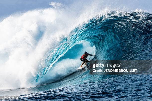 Brazil's Yago Dora competes during the Outerknown Tahiti Pro 2022, the Men's WSL Championship Tour, in Teahupo'o, French Polynesia, on August 19,...