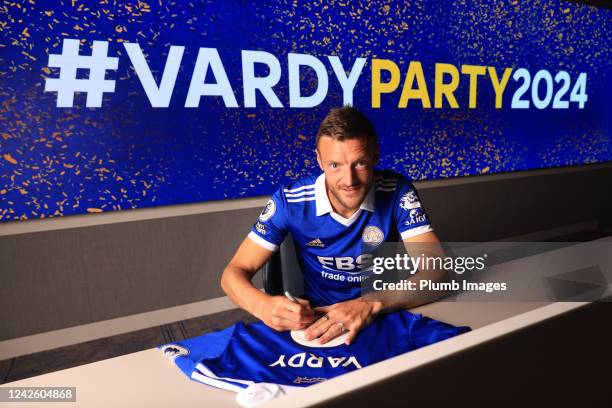 Jamie Vardy signs a new contract with Leicester City until 2024 at Leicester City Training Ground, Seagrave on August 19, 2022 in Leicester, England.
