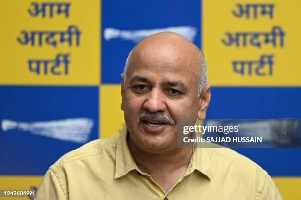 Delhi Deputy Chief Minister Manish Sisodia speaks during a press conference in New Delhi on August 20 after the Central Bureau of Investigation had...