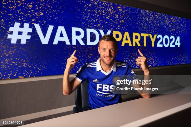 Jamie Vardy signs a new contract with Leicester City until 2024 at Leicester City Training Ground, Seagrave on August 19, 2022 in Leicester, England.