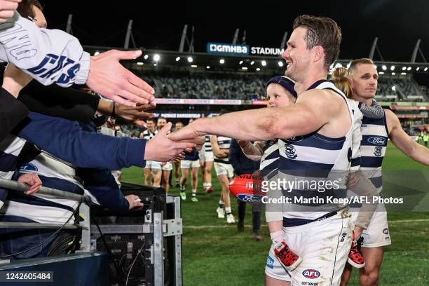 Patrick Dangerfield of the Cats leaves the ground during the round 23 AFL match between the Geelong Cats and the West Coast Eagles at GMHBA Stadium...
