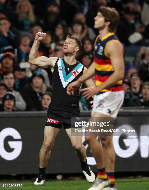 Robbie Gray of the Power celebrates a goal during the 2022 AFL Round 23 match between the Port Adelaide Power and the Adelaide Crows at Adelaide Oval...