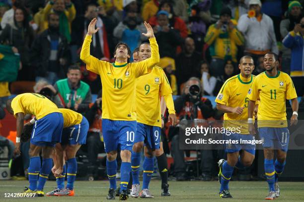 Brazil Elano, Kaka, Luis Fabiano, Michel Bastos, Dani Alves, Robinho celebrating during the World Cup match between Brazil v Ivory Coast on June 20,...