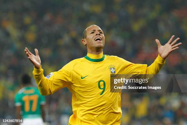 Brazil Luis Fabiano celebrates during the World Cup match between Brazil v Ivory Coast on June 20, 2010