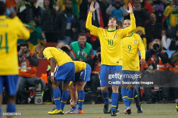 Brazil Kaka, Luis Fabiano, Robinho, Elano celebrating during the World Cup match between Brazil v Ivory Coast on June 20, 2010