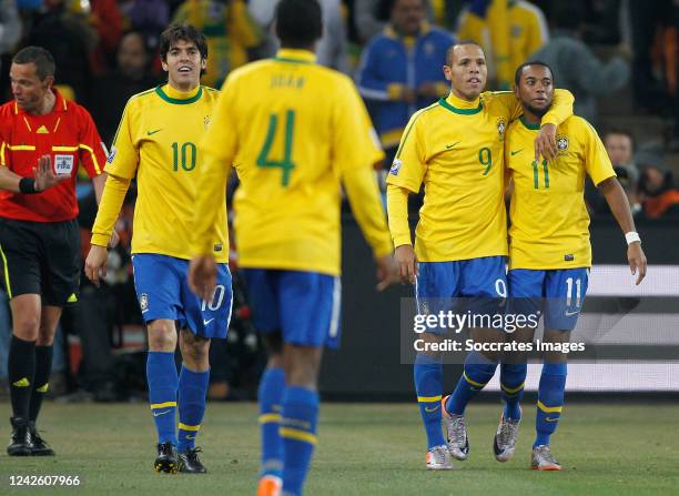Brazil Kaka, Luis Fabiano, Robinho celebrating during the World Cup match between Brazil v Ivory Coast on June 20, 2010