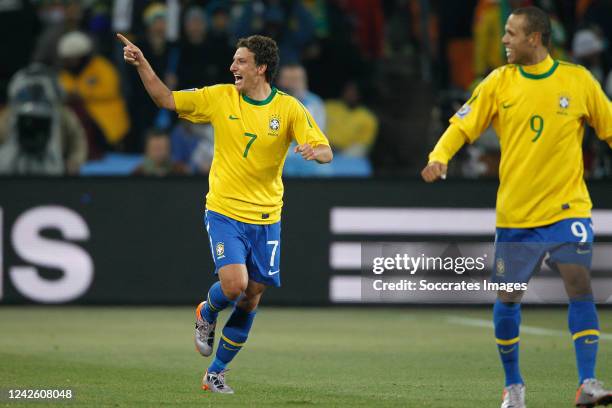 Brazil Elano Luis Fabiano celebrates during the World Cup match between Brazil v Ivory Coast on June 20, 2010
