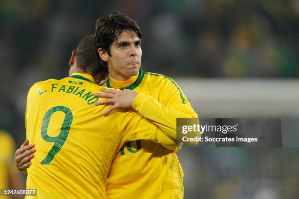 Brazil Kaka celebrates with Luis Fabiano during the World Cup match between Brazil v Ivory Coast on June 20, 2010
