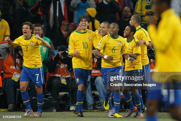 Brazil Elano, Kaka, Luis Fabiano, Michel Bastos, Robinho celebrating during the World Cup match between Brazil v Ivory Coast on June 20, 2010