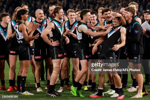 Connor Rozee of the Power winner of the Showdown Medal during the 2022 AFL Round 23 match between the Port Adelaide Power and the Adelaide Crows at...
