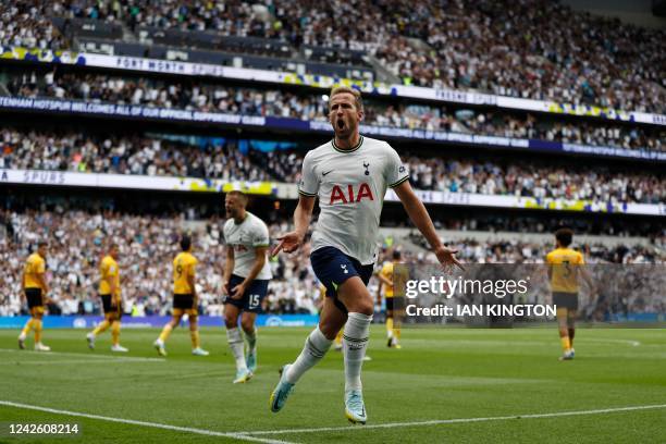 Tottenham Hotspur's English striker Harry Kane celebrates as he scores the first goal during the English Premier League football match between...