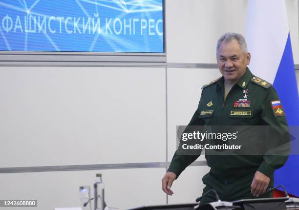 Russian Defence Minister Sergei Shoigu smiles while visiting the International Anti-Fascist Congress 2022, hosted by Russia's Defence Ministry at the...