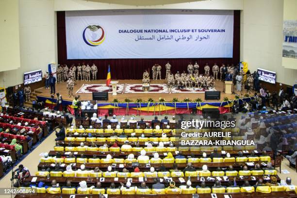 Chads transitional President Mahamat Idriss Deby inaugurates the statue of peace, forgiveness and reconciliation at the January 15 Palace on the...