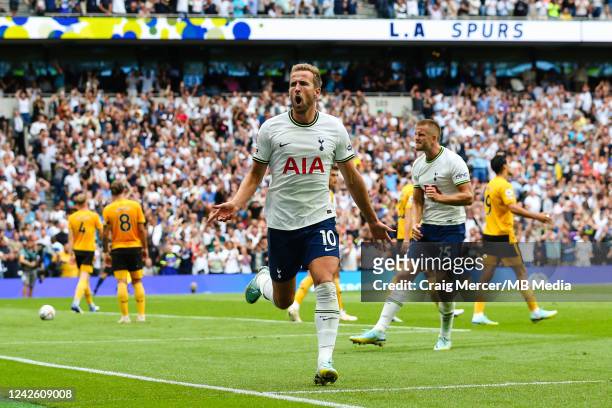 Harry Kane of Tottenham Hotspur celebrates scoring the opening goal during the Premier League match between Tottenham Hotspur and Wolverhampton...