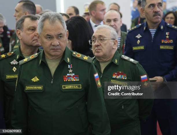 Russian Defence Minister Sergei Shoigu , Deputy Defence Ministers: Dmitry Bulgakov , Ruslan Tsalikov and Yunus-Bek Yevkurov seen while visiting the...