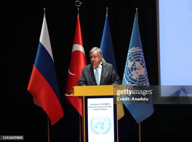 United Nations Secretary-General Antonio Guterres makes a speech during a joint press conference with Turkish National Defense Minister Hulusi Akar...