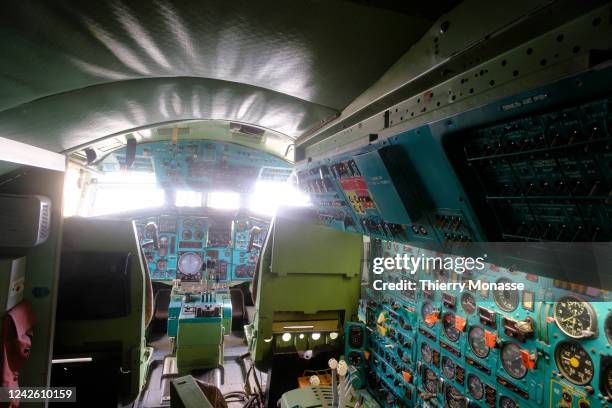 The flight deck of the Soviet supersonic passenger airliner designed by Aleksey Tupolev Tupolev Tu-144 is presented to the public in the Technik...