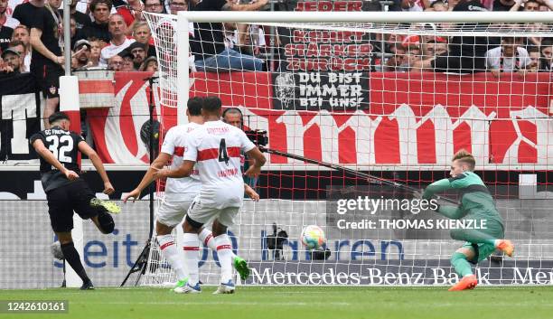 Freiburg's Italian midfielder Vincenzo Grifo scores the 0-1 past Stuttgart's German goalkeeper Florian Mueller during the German first division...