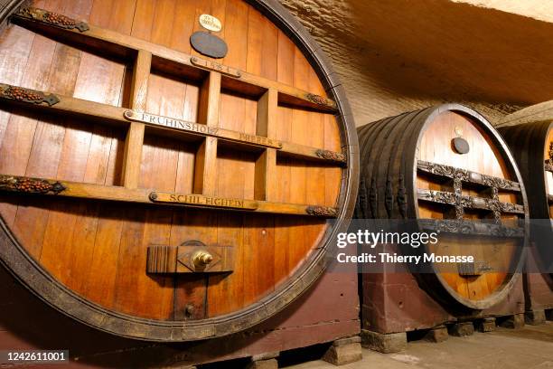 Historical cask are seen in the historic wine cellar of Strasbourg Hospices on August 18 in Strasbourg, France. For 6 centuries, wine was elaborated...