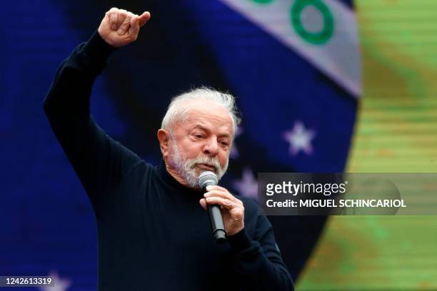 Brazilian presidential candidate for the leftist Workers Party and former President , Luiz Inacio Lula da Silva addresses supporters during a...