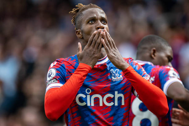 Wilfried Zaha of Crystal Palace celebrates after scoring 1st goal during the Premier League match between Crystal Palace and Aston Villa at Selhurst...