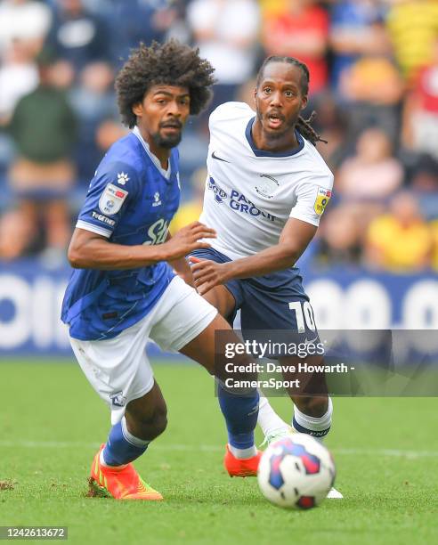 Preston North End's Daniel Johnson battles with Watford's Hamza Choudhury during the Sky Bet Championship between Preston North End and Watford at...