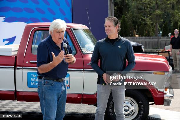Comedian Jay Leno with Walmart CEO John Furner, speaks in front of a 1979 Ford F-150 pickup, in the style of one owned by Walmart founder Sam Walton,...