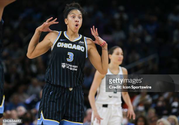 Chicago Sky forward Candace Parker reacts to a call during the first half in game 2 of a WNBA first round playoff game between the New York Liberty...