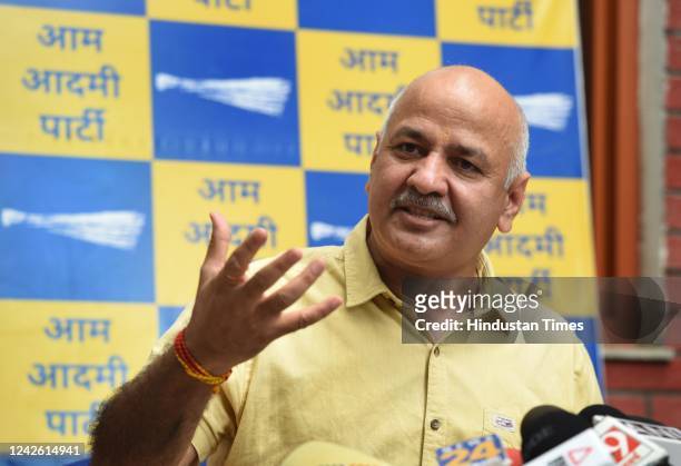 Delhi Deputy Chief Minister Manish Sisodia addresses a press conference at his residence, on August 20, 2022 in New Delhi, India. Sisodia said, Their...
