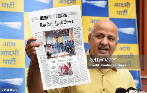 Delhi Deputy Chief Minister Manish Sisodia addresses a press conference at his residence, on August 20, 2022 in New Delhi, India. Sisodia said, Their...