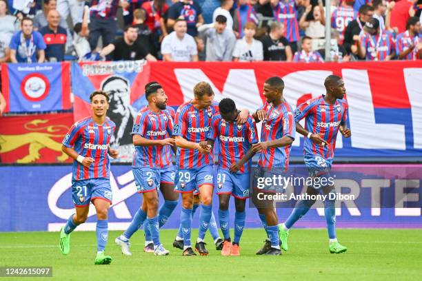 Emmanuel NTIM of Caen celebrates his goal with his team mates during the Ligue 2 BKT match between SM Caen and EA Guingamp at Stade Michel D'Ornano...