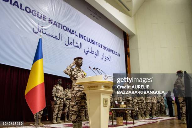 Transition President Mahamat Idriss Deby Itno gestures during the opening ceremony of the national dialogue at the January 15 Palace in N'Djamena, on...