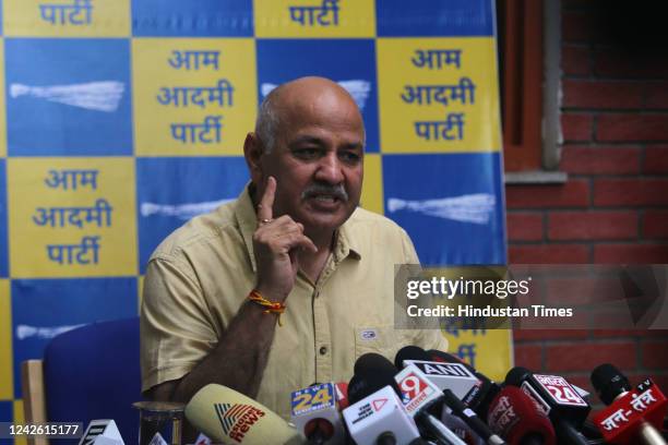 Delhi Deputy Chief Minister Manish Sisodia during a press conference at his residence, a day after CBI Raid at his residence, on August 20, 2022 in...