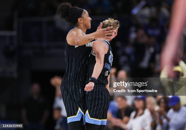 Chicago Sky forward Candace Parker and Chicago Sky guard Courtney Vandersloot celebrate during a time out during the second half in game 2 of a WNBA...