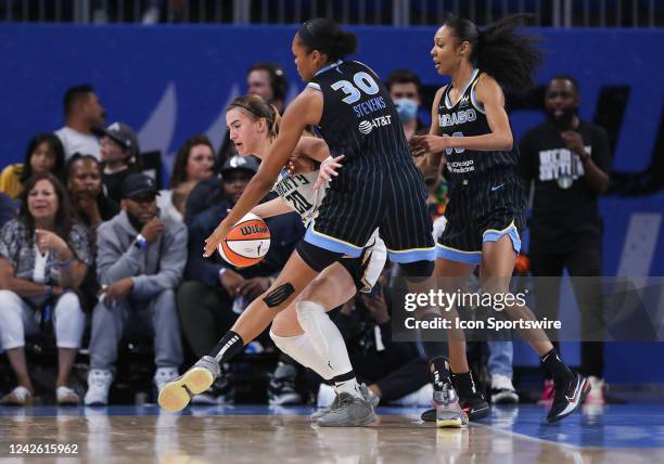 Chicago Sky forward Azura Stevens fouls New York Liberty guard Sabrina Ionescu during the second half in game 2 of a WNBA first round playoff game...