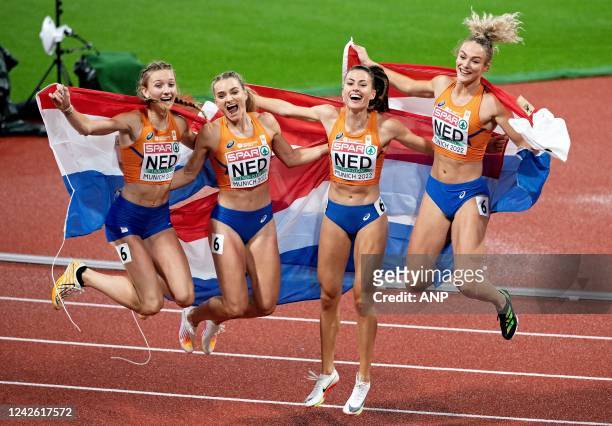 Femke Bol, Lisanne de Witte, Eveline Saalberg and Liek Klaver in action during the final 4x400 meter relay on the tenth day of the Multi-European...