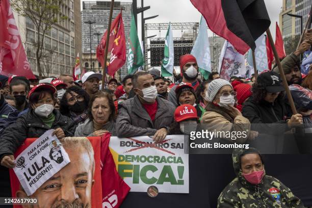 Supporters of Luiz Incio Lula da Silva, Brazil's former president, attend a a campaign event at Vale do Anhangabau in Sao Paulo, Brazil, on Saturday,...