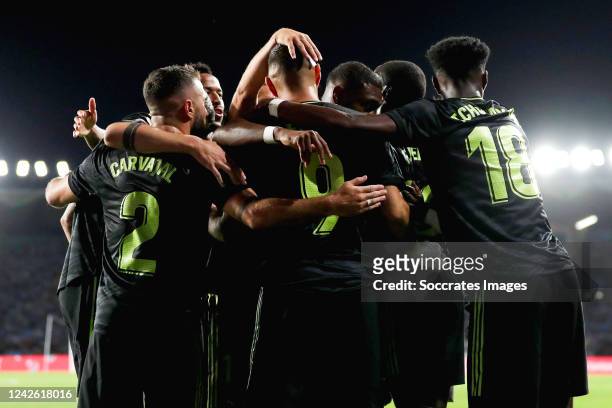 Karim Benzema of Real Madrid celebrating 0-1 with Aurelien Tchouameni of Real Madrid, David Alaba of Real Madrid, Dani Carvajal of Real Madrid, Eder...