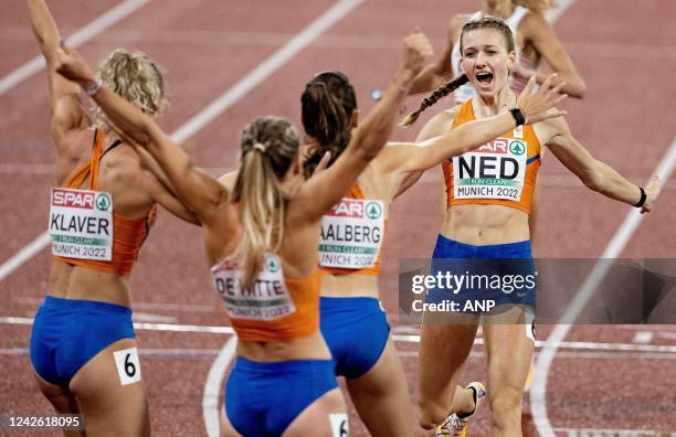 Femke Bol and from left to right Lieke Klaver, Lisanne de Witte and Eveline Saalberg in action during the final 4x400 meter relay on the tenth day of...