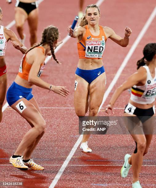 Femke Bol and Lisanne de Witte in action during the final 4x400 meter relay on the tenth day of the Multi-European Championship. The German city of...