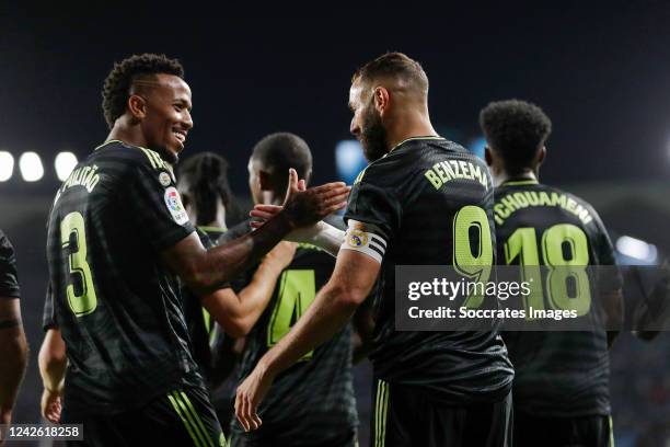 Karim Benzema of Real Madrid celebrating 0-1 with Eder Militao of Real Madrid during the La Liga Santander match between Celta de Vigo v Real Madrid...