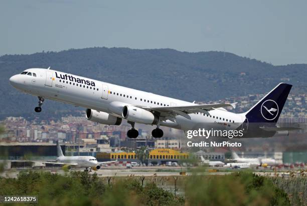 Airbus A321-131, from Lufthansa company, taking off from the Barcelona airport, in Barcelona on 26th May 2022. --